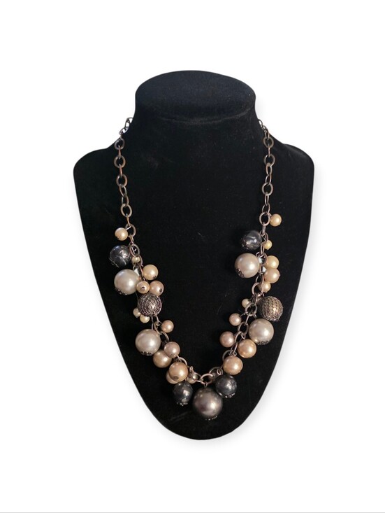 Jewelry - Faux Pearl & Gray Bead Cluster Statement Necklace 18" + 3" Extender